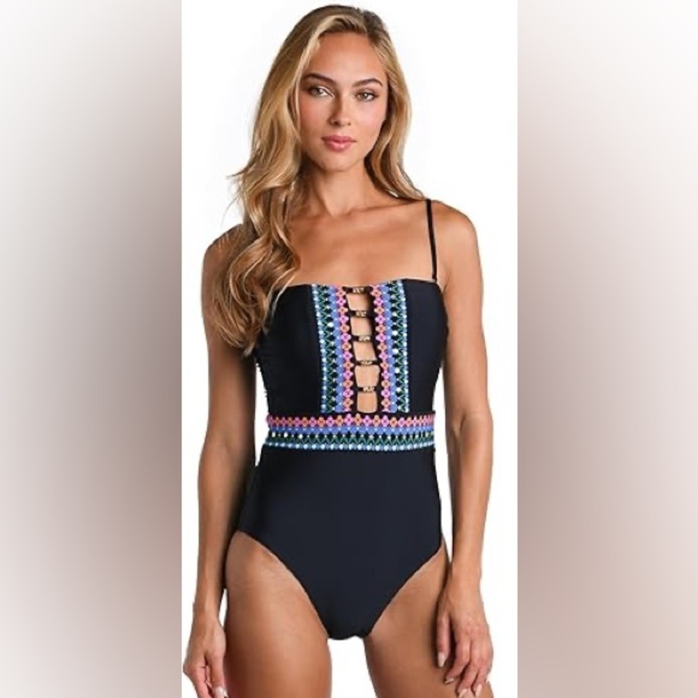 Sunshine 79 Women's Standard Bandeau Mio One Piece Swimsuit, Black//Pop Floral